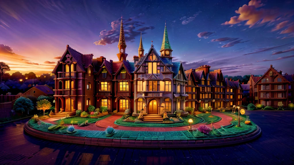 In the whimsical metropolis of Luminaria, dusk descends as wispy clouds dance across the sky. Modern townhouses, adorned with vibrant brickwork, rise from lush greenery like fantastical creatures come alive. Soft, golden light casts long shadows, bathing the scene in a serene ambiance. Delicate brick patterns shimmer like jewels, inviting the viewer to step into this stylized yet realistic world of wonder