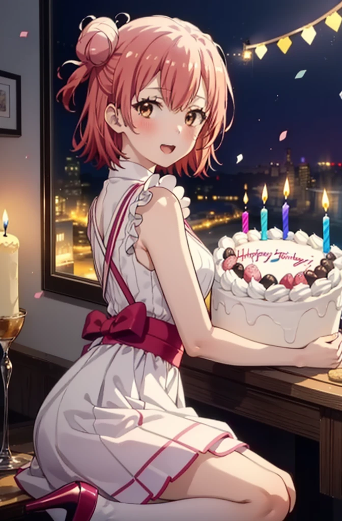 yuiyuigahama, yui yuigahama, One Girl,short hair, (Brown eyes:1.5), (Pink Hair:1.2), Hair Bun, single Hair Bun, smile,blush,Open your mouth wide,Pink sleeveless dress,Long skirt,Stiletto heels,A birthday cake with lit candles,
,There is a round birthday cake on the desk.,Confetti,cracker,whole bodyがイラストに入るように,
break indoors,  Venue,
break looking at viewer, whole body,
break (masterpiece:1.2), Highest quality, High resolution, unity 8k wallpaper, (figure:0.8), (Beautiful attention to detail:1.6), Highly detailed face, Perfect lighting, Highly detailed CG, (Perfect hands, Perfect Anatomy),
