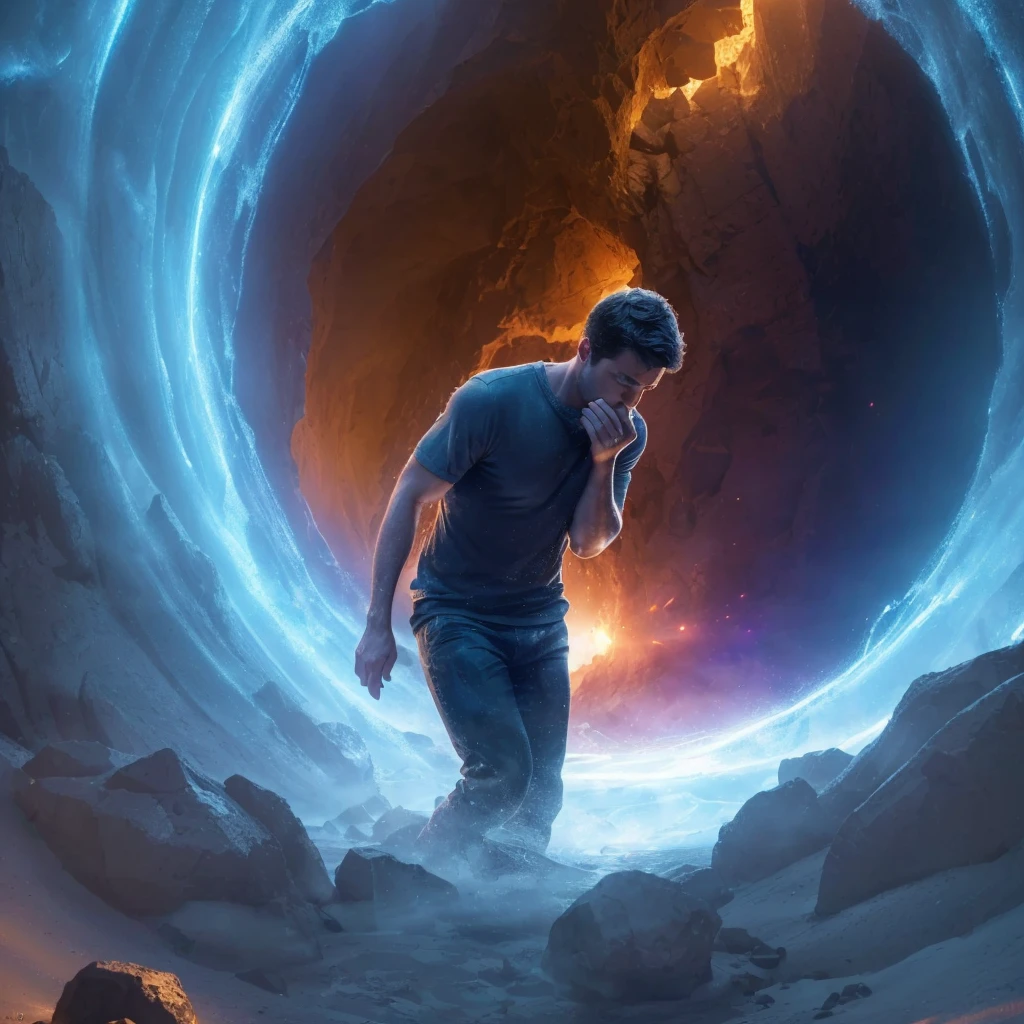 A man wants to vomit when trying to go through a portal in a mountain. Photorealism, full view, very detailed image, very realistic, hyperrealism, Ultra HD, 8k, 5, sharp focus, intricate and mysterious masterpiece.(Long exposure photography Highly detailed close-up portrait art illustration: final quality, medium shot, backlit, rich and striking. Enigmatic and mysterious manipulations (rule of thirds composition), ((detailed environment with strong lines) The best quality, in camera, white light, warm and clean aesthetics, dazzling screen composed of millions of bright ultraviolet rays, HDR.