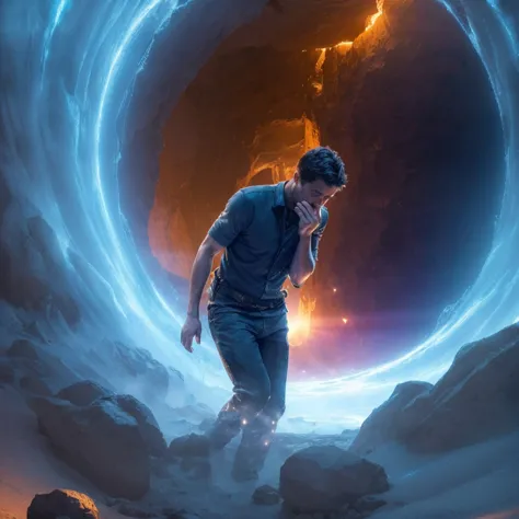 A man wants to vomit when trying to go through a portal in a mountain. Photorealism, full view, very detailed image, very realis...