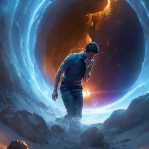 A man wants to vomit when trying to go through a portal in a mountain. Photorealism, full view, very detailed image, very realis...
