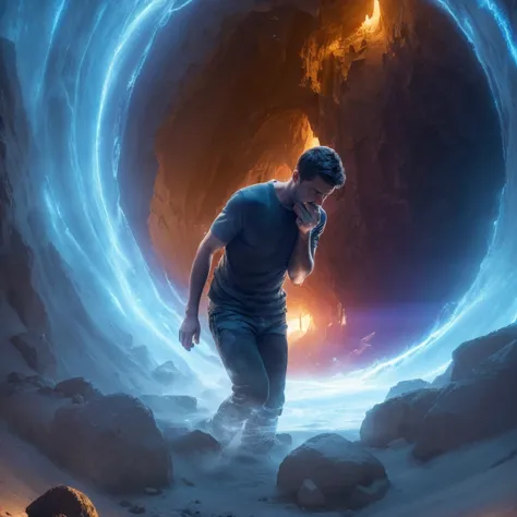 A man wants to vomit when trying to go through a portal in a mountain. Photorealism, full view, very detailed image, very realis...