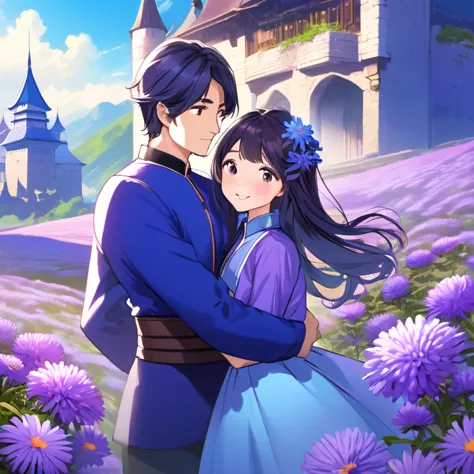 blue castle, asian girl and european man couple, aster purple flower