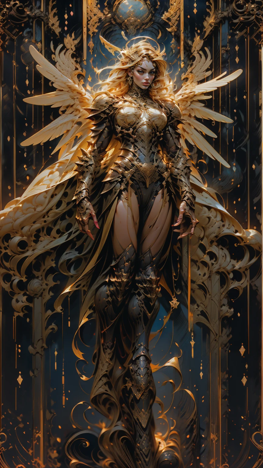 (cara delevingne), ((((((1 muscular angel girl)))))), (((huge upper body))), long hair, ((((huge angelic wings))), (((intricate ornate angelic full body armor))), ((((full body front view)))), (((perfect hands, perfect fingers))), (((tarot style background)))