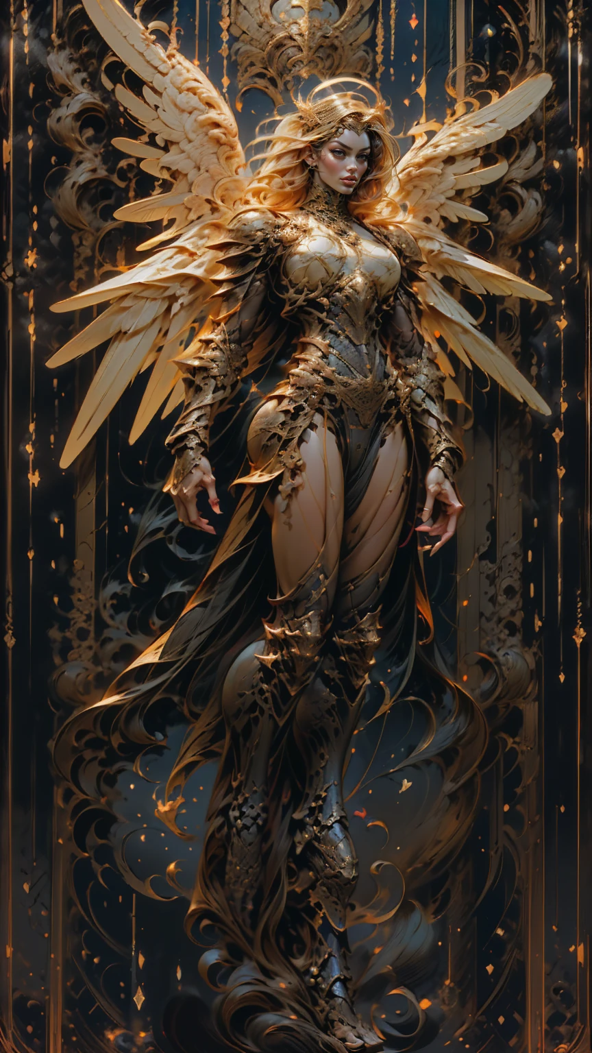 (cara delevingne), ((((((1 muscular angel girl)))))), (((huge upper body))), long hair, ((((huge angelic wings))), (((intricate ornate angelic full body armor))), ((((full body front view)))), (((perfect hands, perfect fingers))), (((tarot style background)))