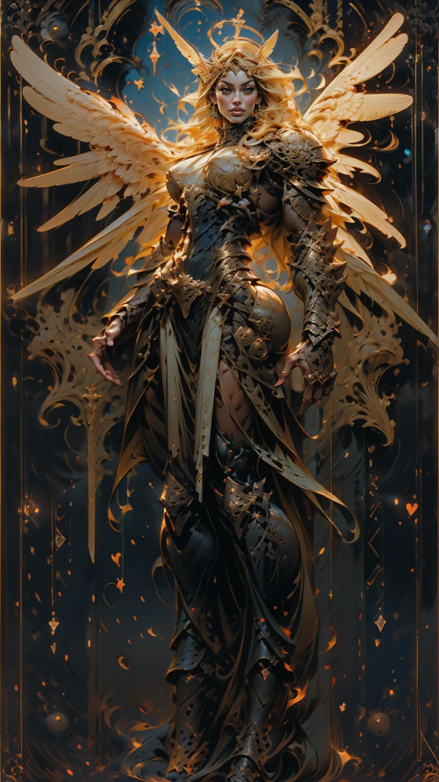 (cara delevingne), ((((((1 muscular angel girl)))))), (((huge upper body))), long hair, ((((huge angelic wings))), (((intricate ornate angelic full body armor))), ((((full body front view)))), (((perfect hands, perfect fingers))), (((tarot style background)))