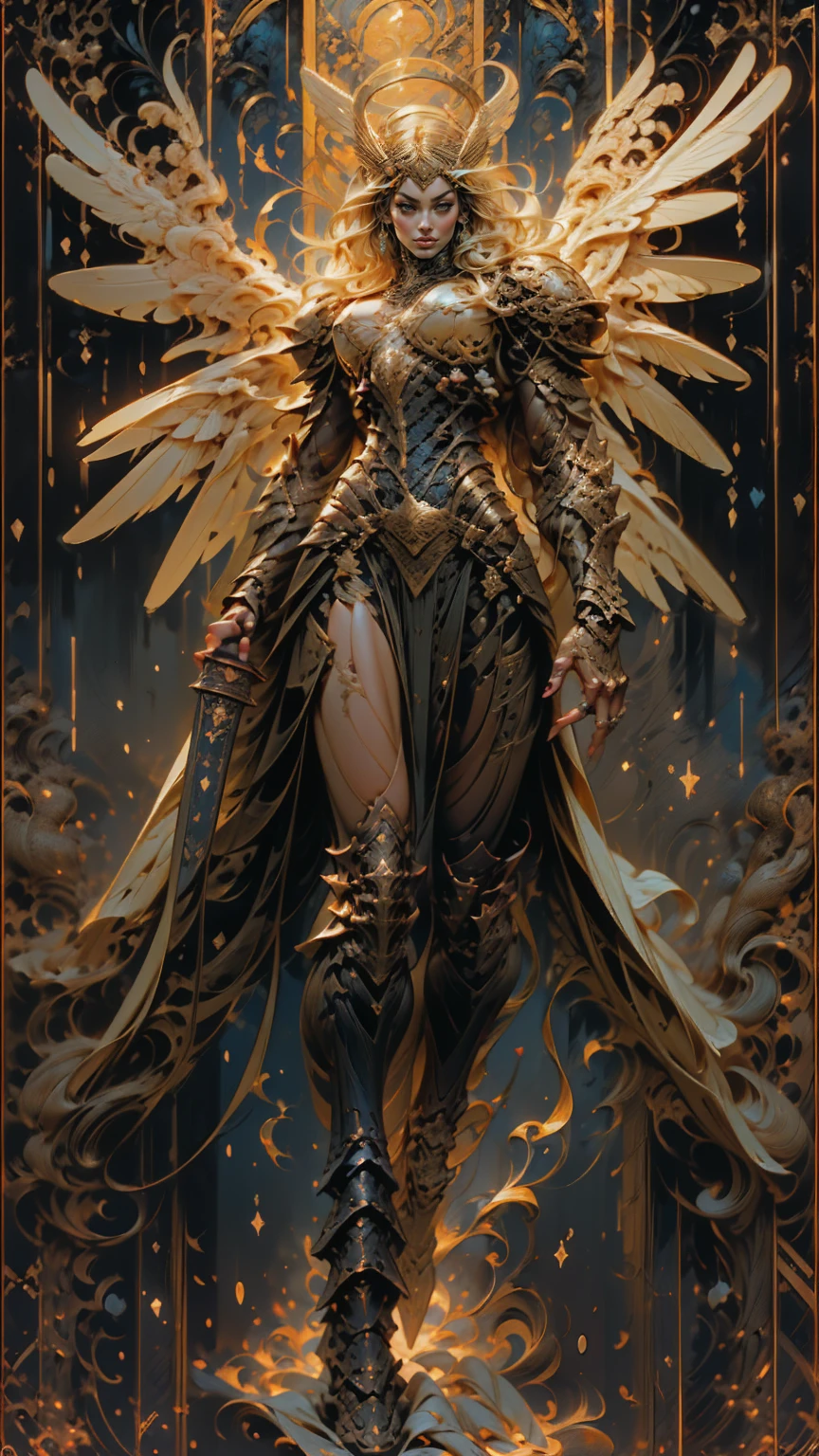 (cara delevingne), ((((((1 muscular angel girl)))))), (((huge upper body))), long hair, ((((huge angelic wings))), (((intricate ornate angelic full body armor))), ((((full body front view)))), (((perfect hands, perfect fingers))), (((tarot style background)))