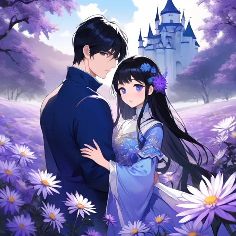 blue castle, black hair girl and white skin man couple, aster purple flower