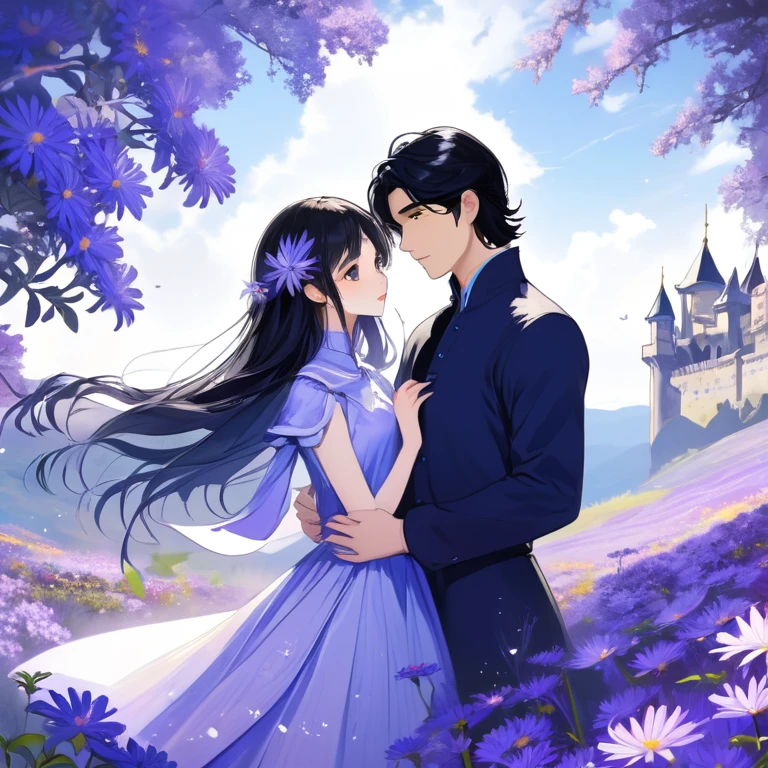 blue castle, black hair girl and white skin man couple, aster purple flower