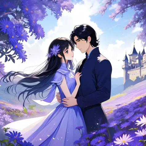 blue castle, black hair girl and white skin man couple, aster purple flower