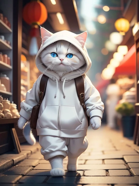 Fluffy white cat, Adventurer,Very detailed cat and fur, Wearing a white hoodie, Wandering around the Chinese market, One animal,Highly detailed images, Kodak 400, Atmospheric light, 50mm lens, (Cat Eyes and Feature Details) Realistic Cat, blue eyes,8K,cute,Chubby,No pattern on body、Whole white