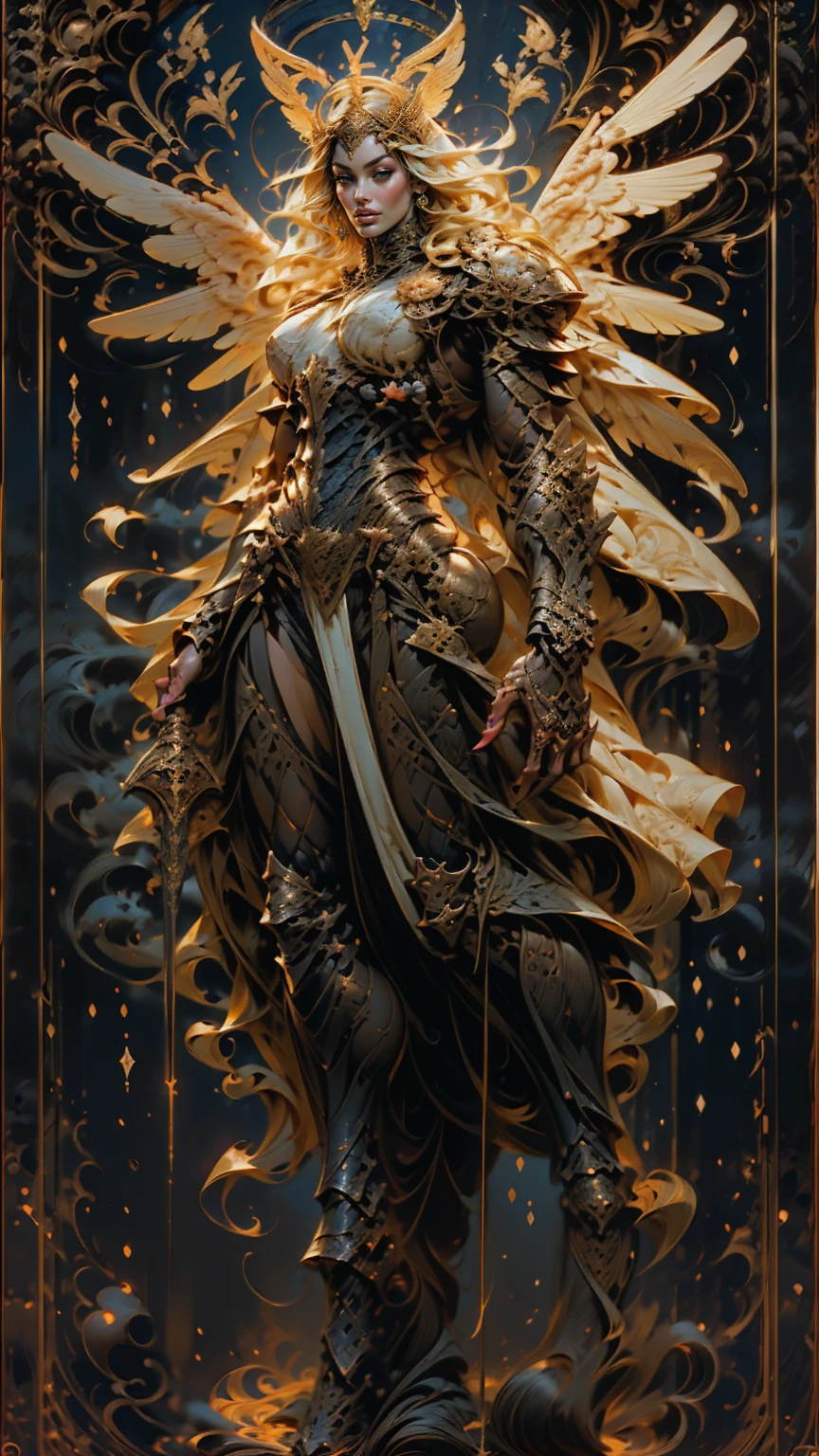 (cara delevingne), ((((((1 muscular angel girl)))))), (((huge upper body))), long hair, ((((huge angelic wings))), (((intricate ornate angelic full body armor))), ((((full body front view)))), (((perfect hands, perfect fingers))), (((tarot style background)))