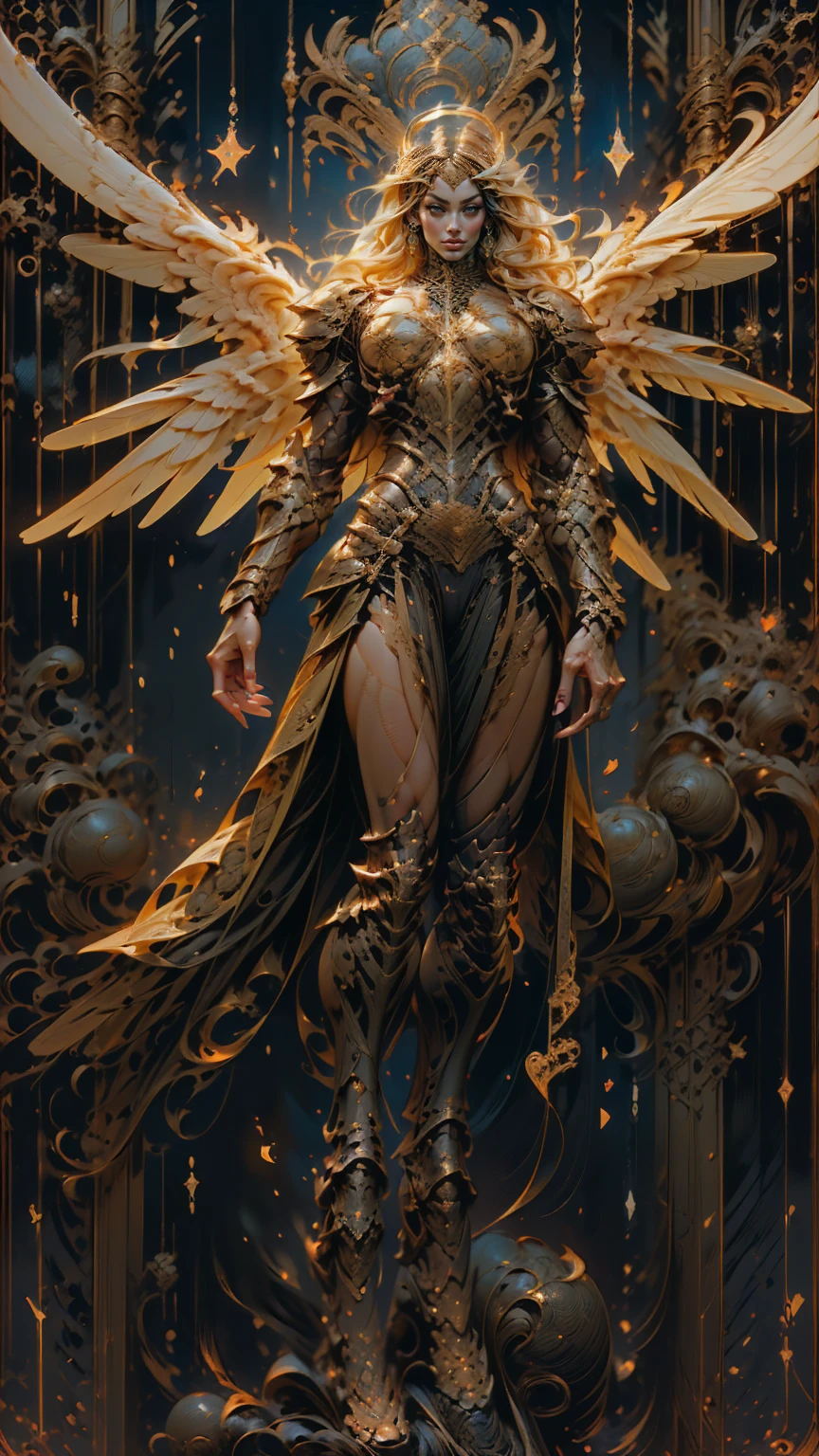 (cara delevingne), ((((((1 muscular angel girl)))))), (((huge upper body))), long hair, ((((huge angelic wings))), (((intricate ornate angelic full body armor))), ((((full body front view)))), (((perfect hands, perfect fingers))), (((tarot style background)))