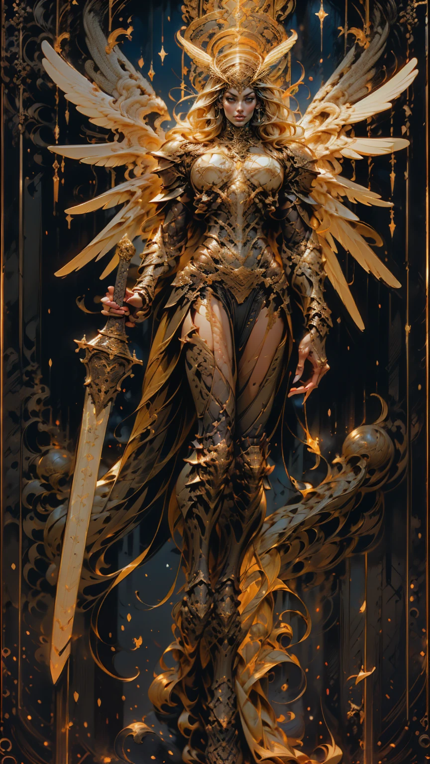 (cara delevingne), ((((((1 muscular angel girl)))))), (((huge upper body))), long hair, ((((huge angelic wings))), (((intricate ornate angelic full body armor))), ((((full body front view)))), (((perfect hands, perfect fingers))), (((tarot style background)))