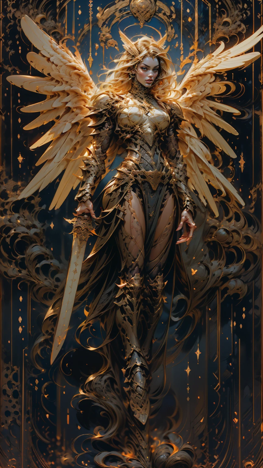 (cara delevingne), ((((((1 muscular angel girl)))))), (((huge upper body))), long hair, ((((huge angelic wings))), (((intricate ornate angelic full body armor))), ((((full body front view)))), (((perfect hands, perfect fingers))), (((tarot style background)))