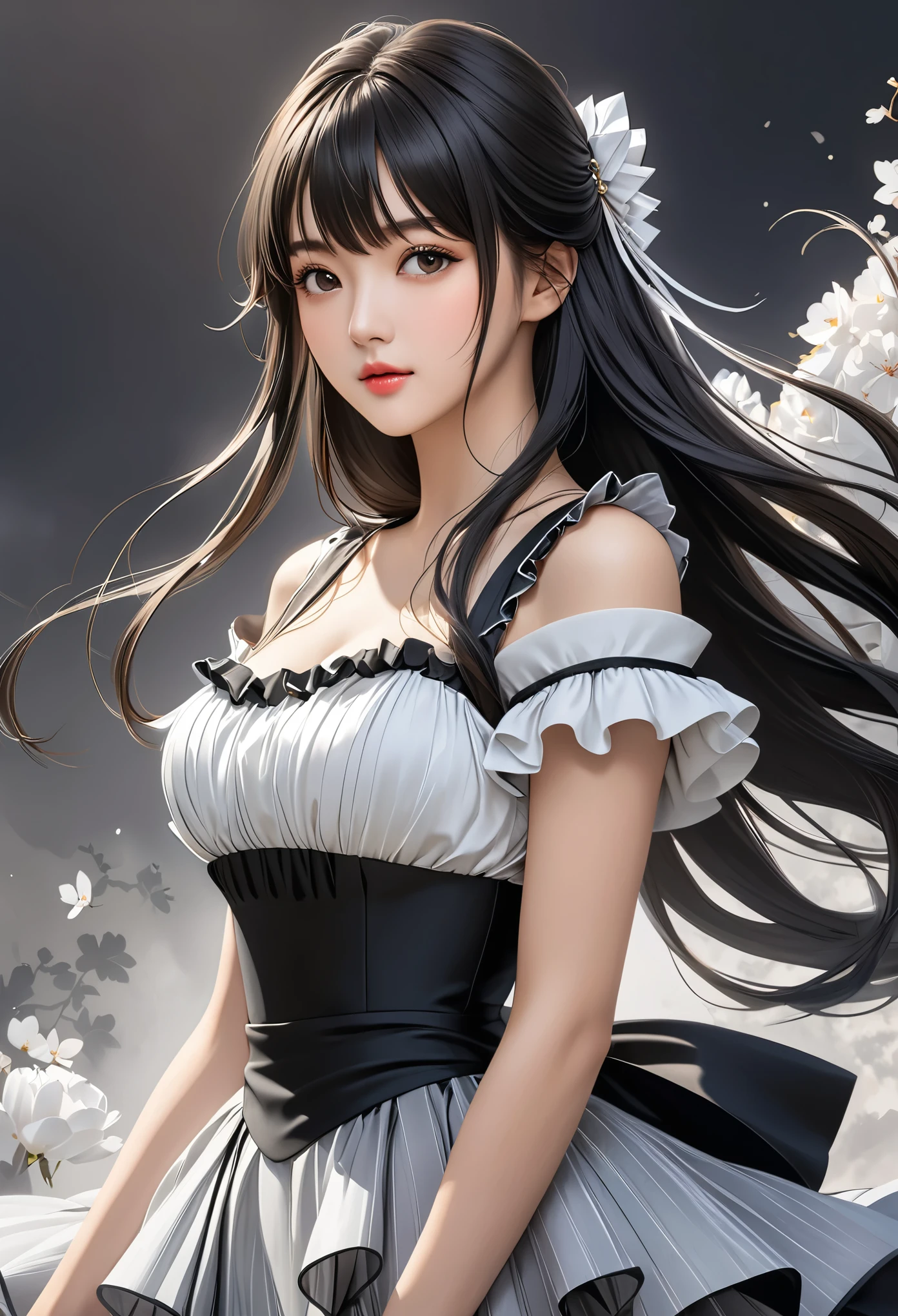 (((masterpiece))),((Highest quality)),Beautiful girl,bangs、(Long Hair:1.5)、(((big firm bouncing bust)))、23 years old、(gorgeous white, Grey and black ruffled dress:1.5)、Japanese girl、 Beautiful digital artwork, Beautiful fantasy art,(The background is plain:1.5)、