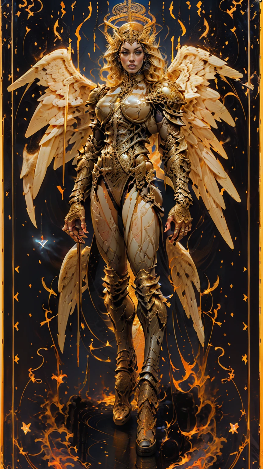 (cara delevingne), ((((((1 muscular angel girl)))))), (((huge upper body))), long hair, ((((huge angelic wings))), (((intricate ornate angelic full body armor))), ((((full body front view)))), (((perfect hands, perfect fingers))), (((tarot style background)))