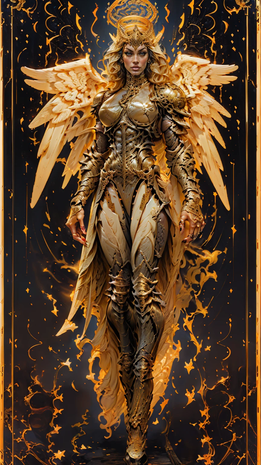 (cara delevingne), ((((((1 muscular angel girl)))))), (((huge upper body))), long hair, ((((huge angelic wings))), (((intricate ornate angelic full body armor))), ((((full body front view)))), (((perfect hands, perfect fingers))), (((tarot style background)))