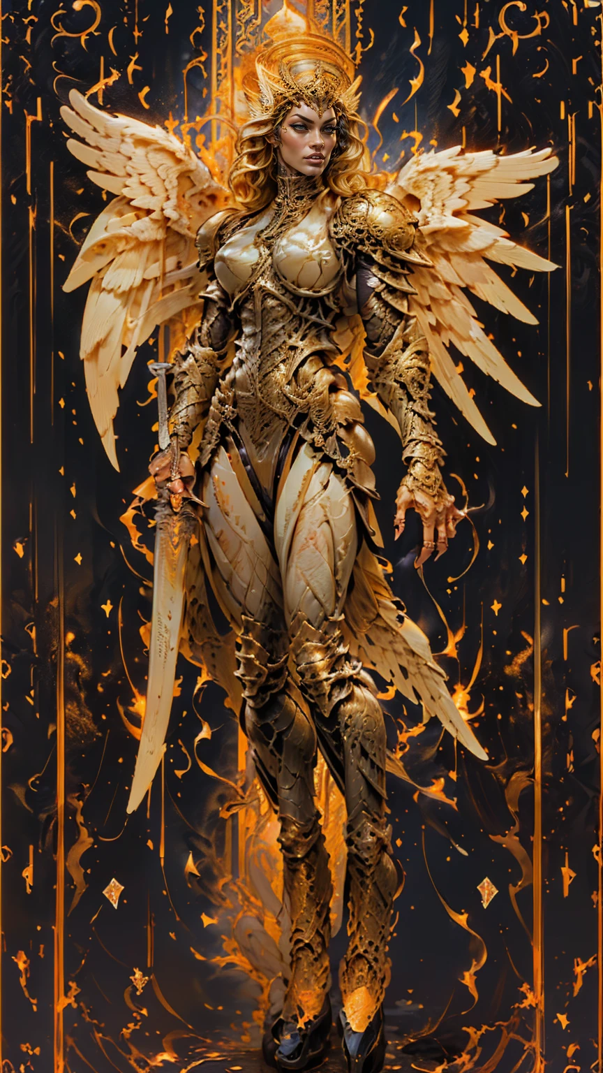 (cara delevingne), ((((((1 muscular angel girl)))))), (((huge upper body))), long hair, ((((huge angelic wings))), (((intricate ornate angelic full body armor))), ((((full body front view)))), (((perfect hands, perfect fingers))), (((tarot style background)))