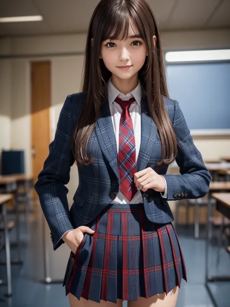 (8K, RAW Photos, Highest quality), Stand in the classroom of school, (((((((One woman))))))), ((Brown Hair)), ((Long Bob Hair)),...