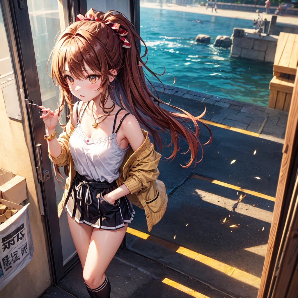 Red, brown, gold, gold hair、Golden Eyes、Hair tied up、One good looking girl、solo、anime、Checkered mini skirt、Ruffles on the skirt、camisole、camisole、Lightweight cardigan、Black knee-high socks、Wearing a baseball cap、Ribbon、Ribbon on waist、Teeth are visible、Sunset sky、Cumulonimbus、Silver coin necklace、shine、From above、Sparks are flying、tunnel、Cobblestones、Hands in pockets、waterfall、Torrent