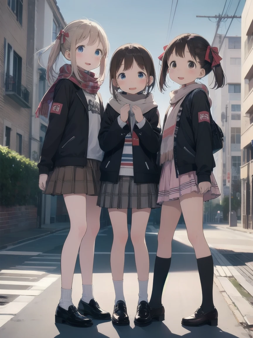 Long Hair, View your viewers, blush, Various smiles, Various expressions、Open your mouth, bangs, blue eyes, Multiple Girls, mini skirt, Brown Hair, shirt, Black Hair, Long sleeve, bow, Brown eyes,とてもLong Hair, , Are standing, Jacket, ホワイトshirt, :D, Sweat, pleateD スカート, Outdoor, Open clothes, shoes, Day, shoes下, Striped, collareD shirt, Raise your hand, Three Girls, School bag, scarf, Red ribbon, Summer clothes, V-shaped eyebrows, No sleeve, parteD bangs, Plaid, Knee-high, nose blush, Plaid スカート, Brown footwear, 迸るSweat, Gal clothes, loafers, Pink Skirt, School Bags, Stripedパンツ, Diagonal stripes, station、Panty shot
