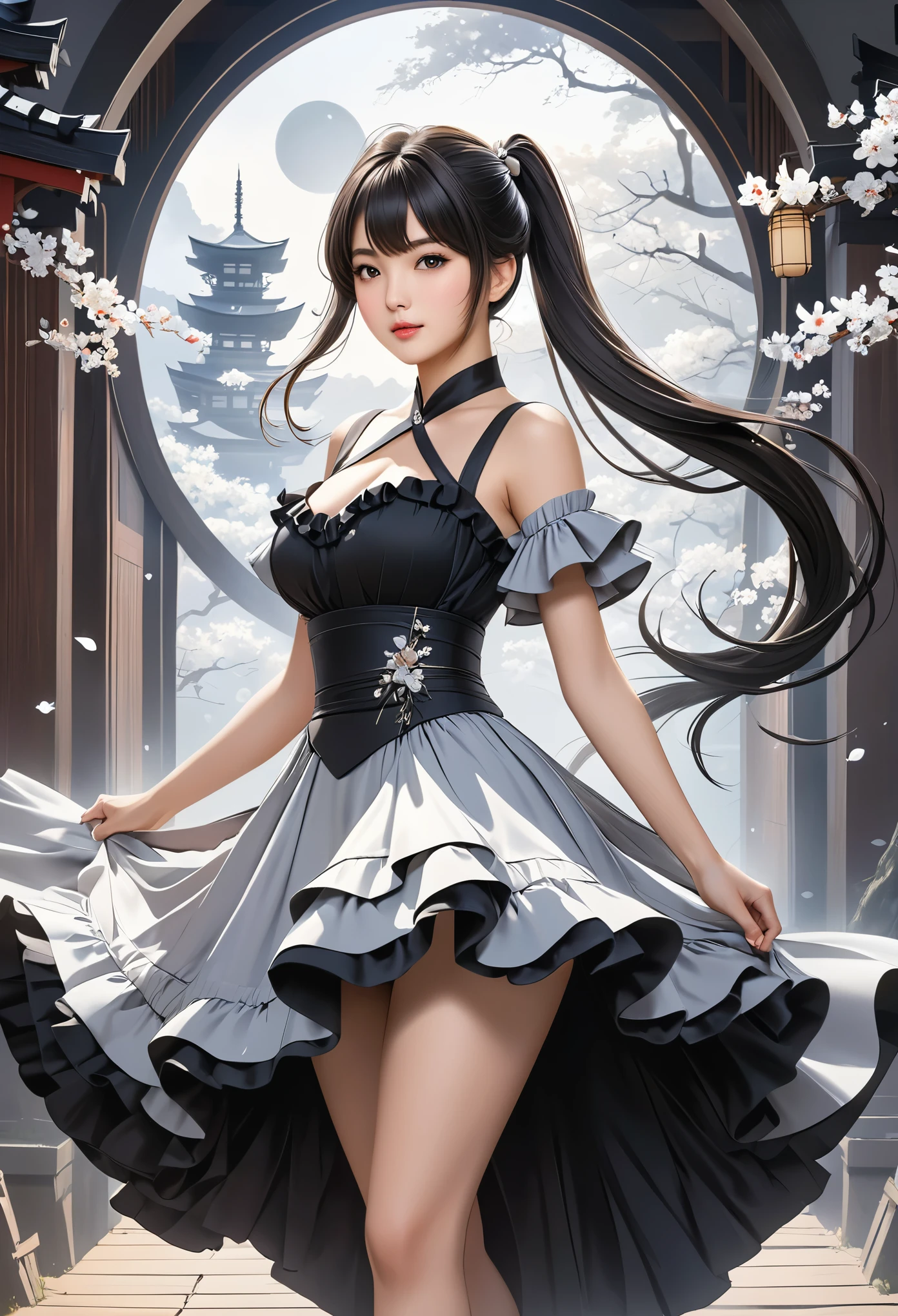 (((masterpiece))),((Highest quality)),Beautiful girl, Sexy witch, bangs、(Long Hair, side pony tails:1.5)、(((big firm bouncing bust)))、23 years old、(gorgeous white, Grey and black ruffled dress:1.5)、Japanese girl、 Beautiful digital artwork, Beautiful fantasy art,(The background is plain:1.5)、