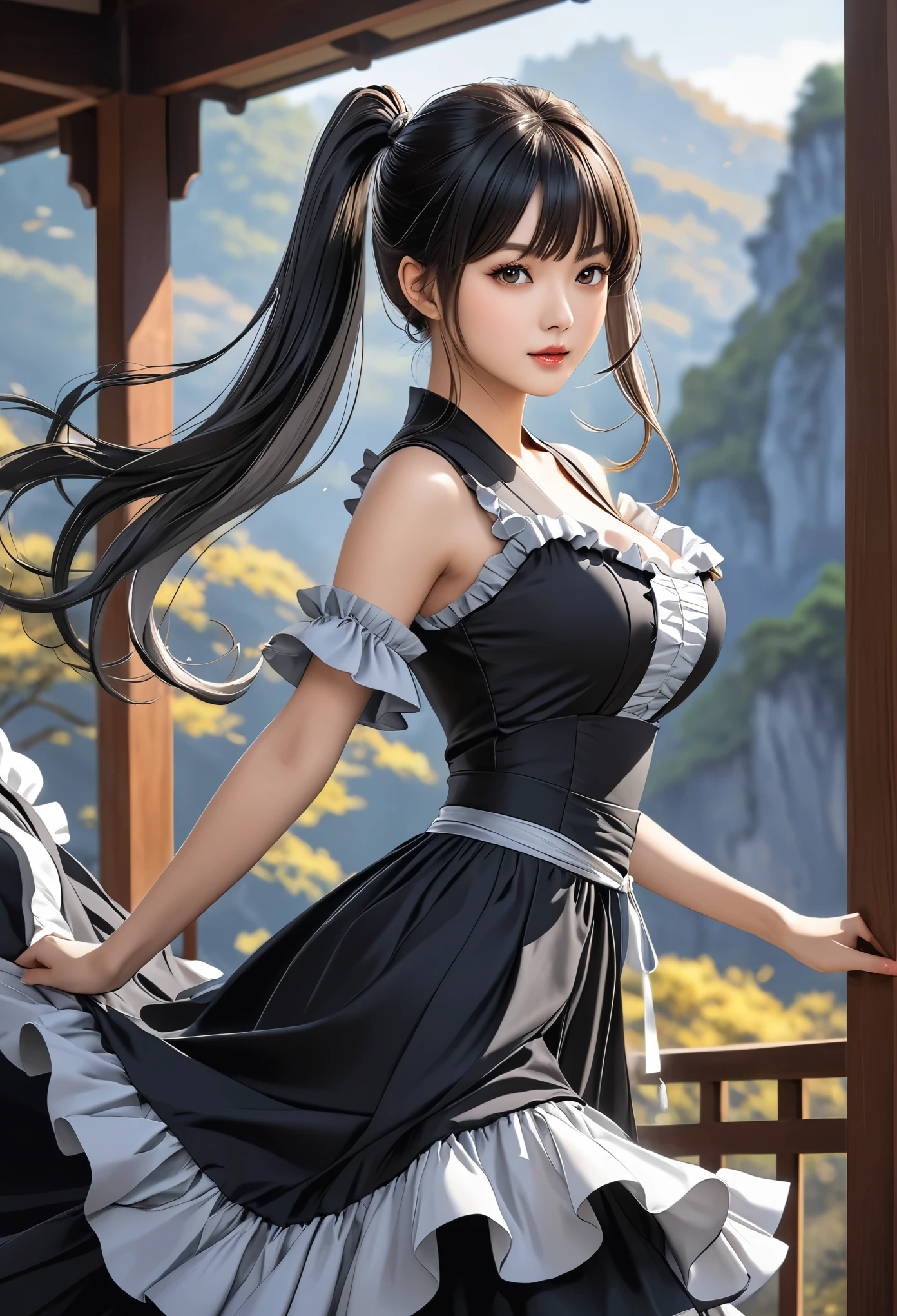 (((masterpiece))),((Highest quality)),Beautiful girl, Sexy witch, bangs、(Long Hair, side pony tails:1.5)、(((big firm bouncing bust)))、23 years old、(gorgeous white, Grey and black ruffled dress:1.5)、Japanese girl、 Beautiful digital artwork, Beautiful fantasy art,(The background is plain:1.5)、