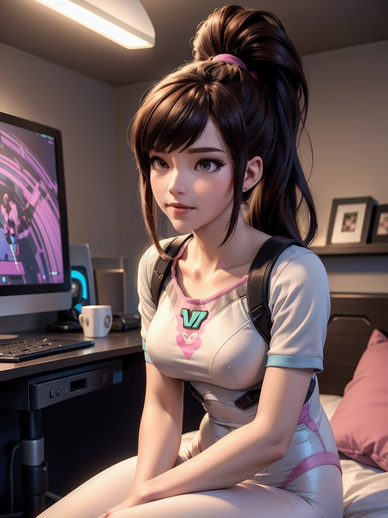 DVA d&#39;Overwatch sans son robot, une femme aux cheveux bruns courts dans un (queue de cheval),Elle est assise, les jambes écartées, des réflexions de haute qualité, éclairage volumétrique, elle porte sa silhouette classique fine et serrée, un body complet extensible rose, blanc et bleu., dans sa chambre sur son lit, 1 fille seule, Cinématique lighting, haute résolution, Rendu basé sur la physique, 8k, éclairage volumétrique, hyperréaliste, traits du visage détaillés, chef-d&#39;œuvre, haut du corps complet, configuration de jeu en arrière-plan, Cinématique, vous pouvez voir le tissu de la chemise et les tricots très détaillés, elle a de très petits seins,  plat  , l&#39;accent est mis sur tout son corps et l&#39;environnement, Cinématique screenshot, tu peux voir toute la pièce et elle assise sur le lit, l&#39;image a un aspect très doux avec des textures douces, joli sourire endormi, ses bras sont sur une manette de jeu, DVA joue avant de dormir,  corps de femme, 1 personne