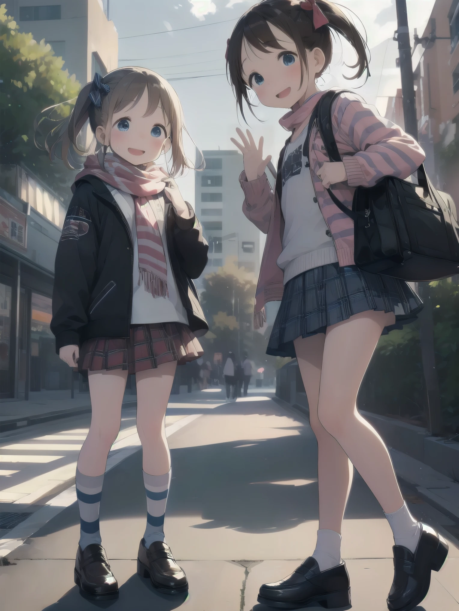 Long Hair, View your viewers, blush, Various smiles, Various expressions、Open your mouth, bangs, blue eyes, Multiple Girls, mini skirt, Brown Hair, shirt, Black Hair, Long sleeve, bow, Brown eyes,とてもLong Hair, , Are standing, Jacket, ホワイトshirt, :D, Sweat, pleateD スカート, Outdoor, Open clothes, shoes, Day, shoes下, Striped, collareD shirt, Raise your hand, Three Girls, School bag, scarf, Red ribbon, Summer clothes, V-shaped eyebrows, No sleeve, parteD bangs, Plaid, Knee-high, nose blush, Plaid スカート, Brown footwear, 迸るSweat, Gal clothes, loafers, Pink Skirt, School Bags, Stripedパンツ, Diagonal stripes, station、Panty shot
