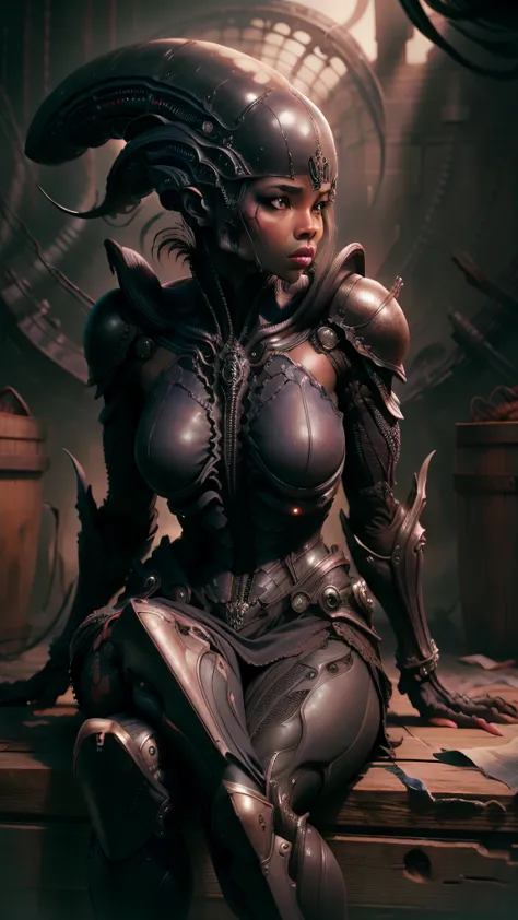 masterpiece, best quality, absurdres,  xenomorphdna, 1girl, sitting, faceless, black skin, colored skin, armored dress, looking ...