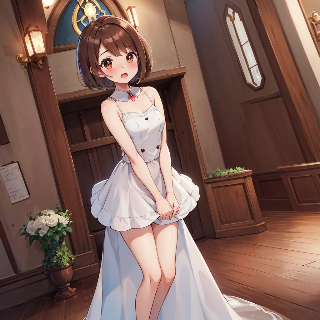 masterpiece, Highest quality, High resolution, Gloria1, 1 Girl, Gloria\(Pokémon\), Brown Hair, , Brown Eyes, , Short Hair, , Bobcut, bangs, , 　１Describe a girl carefully　１Girl　Expression in love　blush　Open Mouth　blush　church　Wedding dress（mini skirt）　breast enhancement