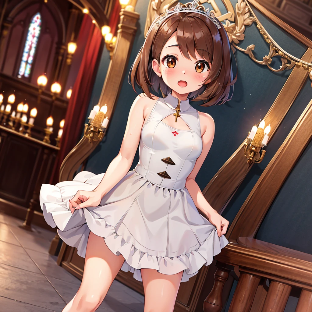 masterpiece, Highest quality, High resolution, Gloria1, 1 Girl, Gloria\(Pokémon\), Brown Hair, , Brown Eyes, , Short Hair, , Bobcut, bangs, , 　１Describe a girl carefully　１Girl　Expression in love　blush　Open Mouth　blush　church　Wedding dress（mini skirt）　breast enhancement