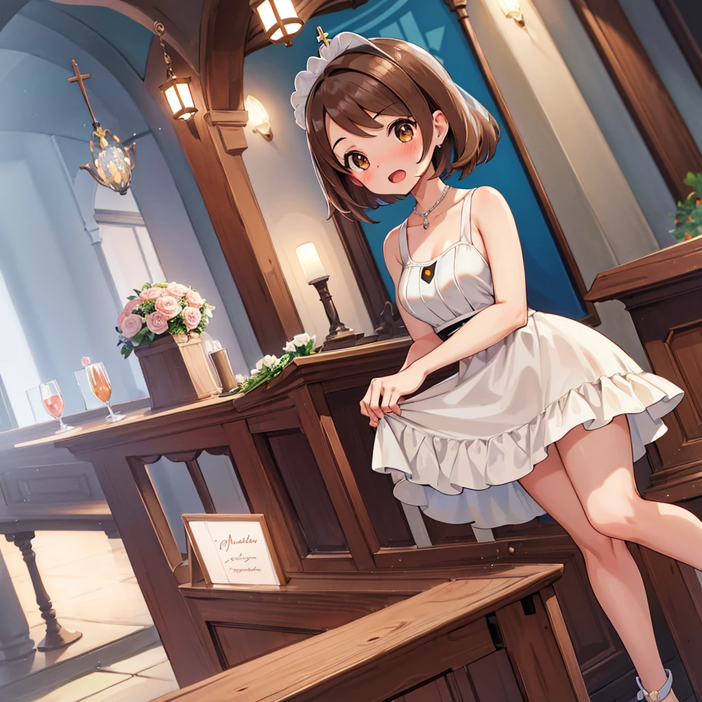 masterpiece, Highest quality, High resolution, Gloria1, 1 Girl, Gloria\(Pokémon\), Brown Hair, , Brown Eyes, , Short Hair, , Bobcut, bangs, , 　１Describe a girl carefully　１Girl　Expression in love　blush　Open Mouth　blush　church　Wedding dress（mini skirt）　breast enhancement