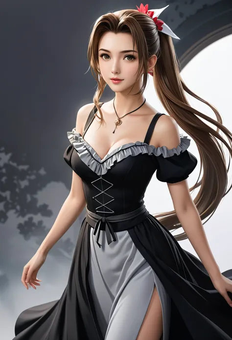 (((masterpiece))),((Highest quality)),Beautiful girl, Aerith, Sexy witch, bangs、(Long Hair, side pony tails:1.5)、(((big firm bou...