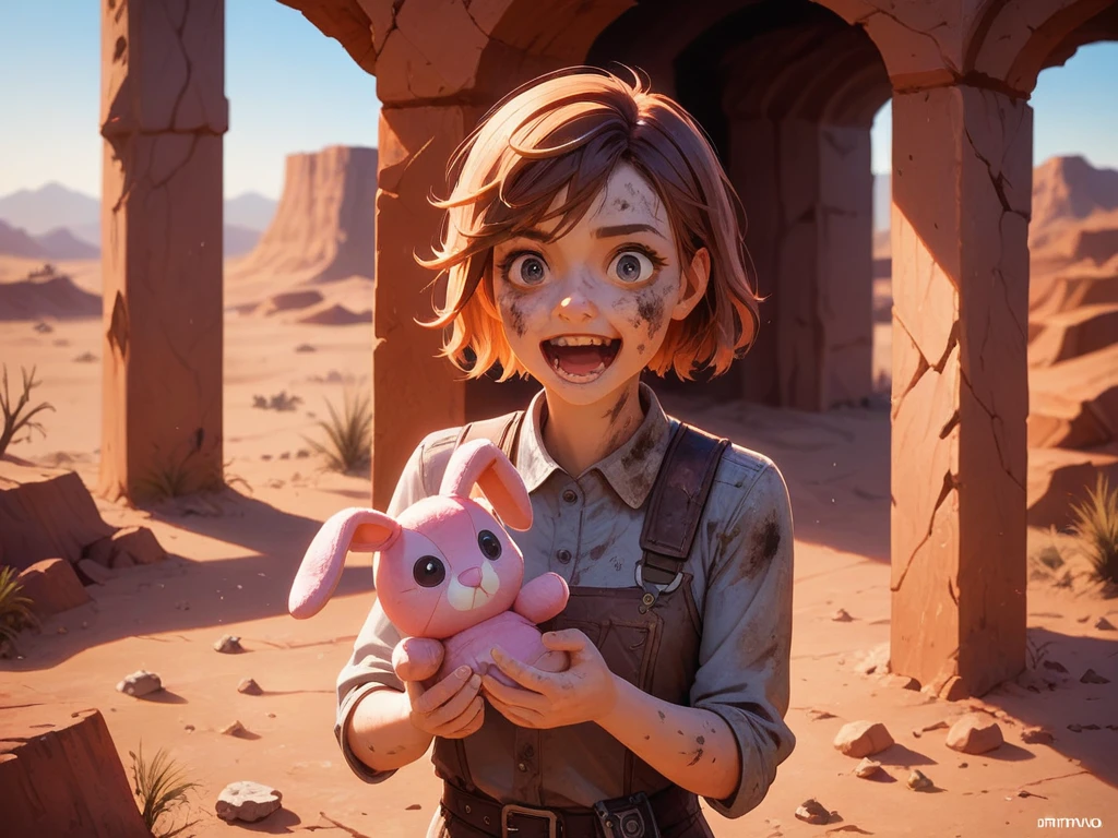 hires, highly detailed, best quality, score_9,score_8_up,score_7_up,score_6_up,score_5_up,score_4_up, detailed face, highly detailed, high quality, masterpiece, tinytinabl2, solo, 1girl, crazy, young girl, holding pink stuffed bunny, detail_eyes, dirty, desert, canyon, wasteland