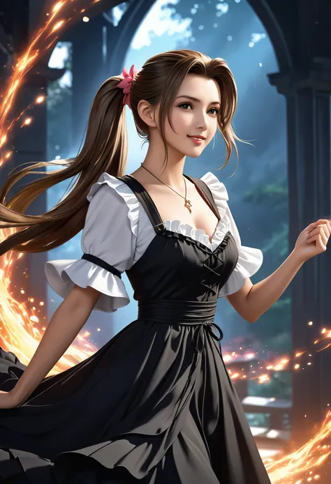 (((masterpiece))),((Highest quality)),Beautiful girl, Aerith, Sexy witch, bangs、(Long Hair, side pony tails:1.5)、(((big firm bou...
