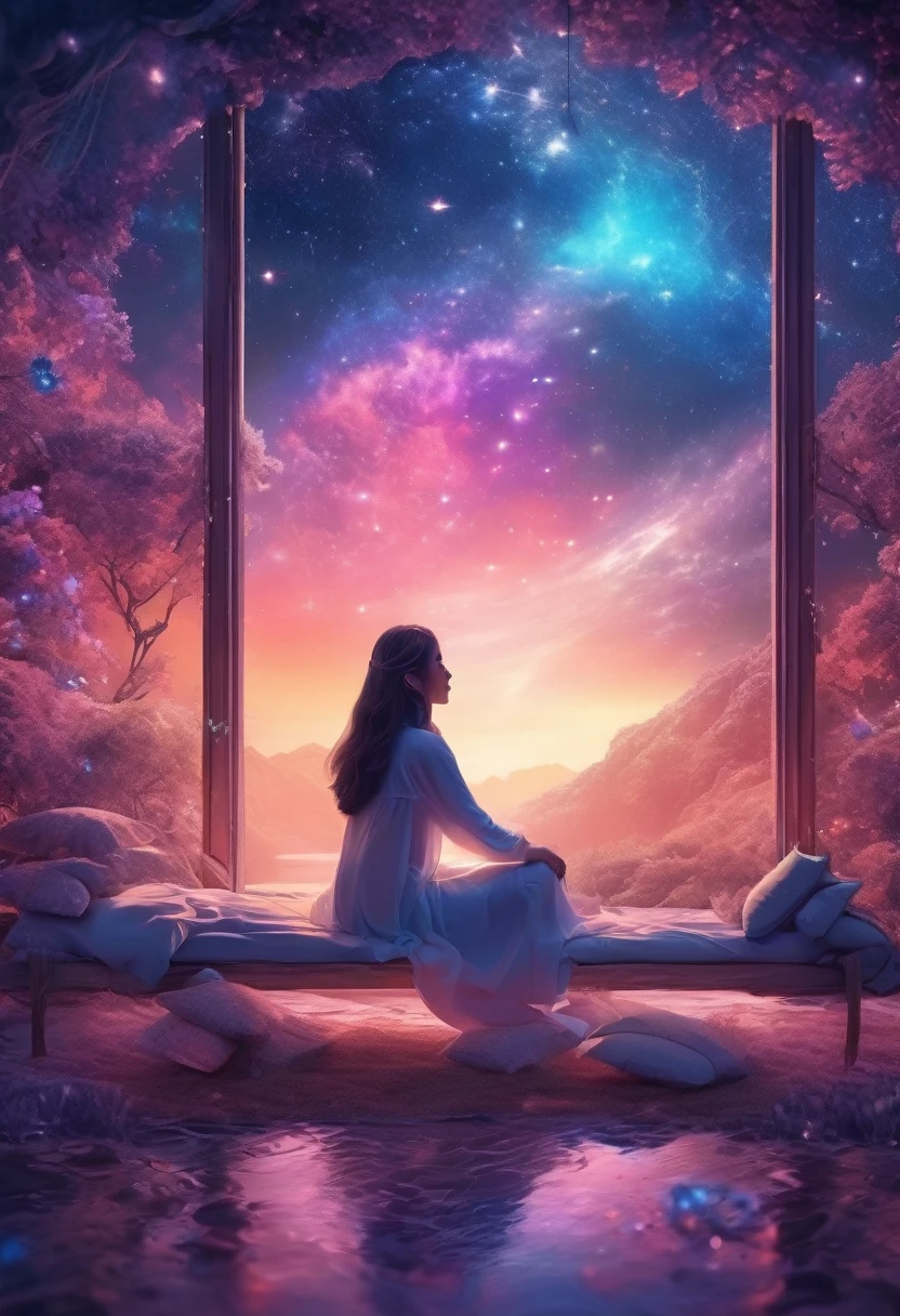 a woman dreaming in a beautiful galaxy,soft and surreal colors,(best quality,4k,high-res:1.2),ultra-detailed,impressionistic style,star-filled night sky,dreamy atmosphere,gentle moonlight,cosmic patterns,peaceful ambiance,subtle transitions,sublime beauty,dreamlike surroundings,quiet serenity,sleeping peacefully in her cozy bed,tranquil and otherworldly scenery,sublime celestial backdrop,serene and ethereal,subconscious journey,cosmic inspiration,vibrant and captivating colors,dreamlike abstraction,magical and mesmerizing vision,deep sense of wonder and awe,lucid dreams,galactic dreamscape,relaxing and introspective experience,luminous stars shining brightly,blissful state of mind,soothing and calming environment,whispers of the universe,mysterious and enchanting,just drifting away.