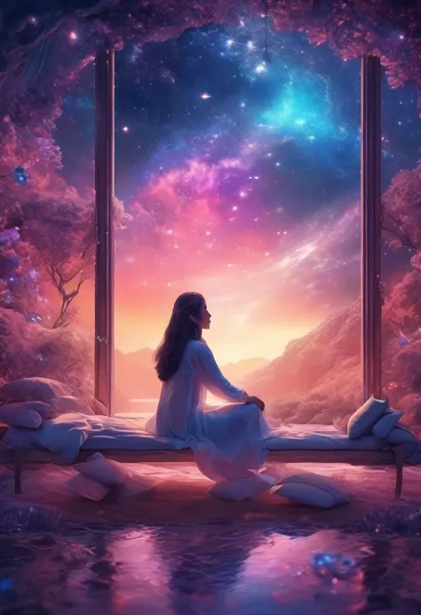 a woman dreaming in a beautiful galaxy,soft and surreal colors,(best quality,4k,high-res:1.2),ultra-detailed,impressionistic sty...