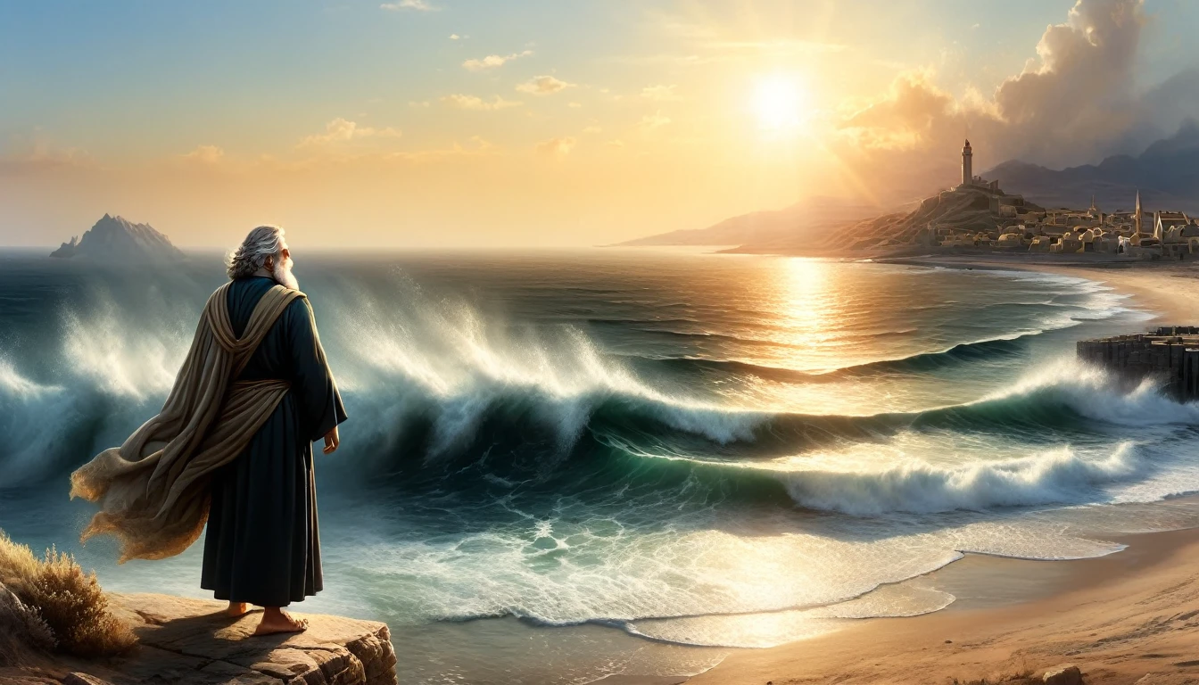 Setting: A serene, sunlit coastal area with a small, ancient town visible in the background, representing Nineveh. Subject: Jonah, standing on the shore, depicted as a contemplative figure with simple robes. Above him, a divine light or ethereal figure representing God is pointing towards Nineveh. Jonah’s expression is conflicted, torn between obedience and fear. Atmosphere: Reflective and spiritual, with a warm light illuminating Jonah and contrasting with the dark, foreboding sea in the distance, symbolizing his upcoming struggle.


