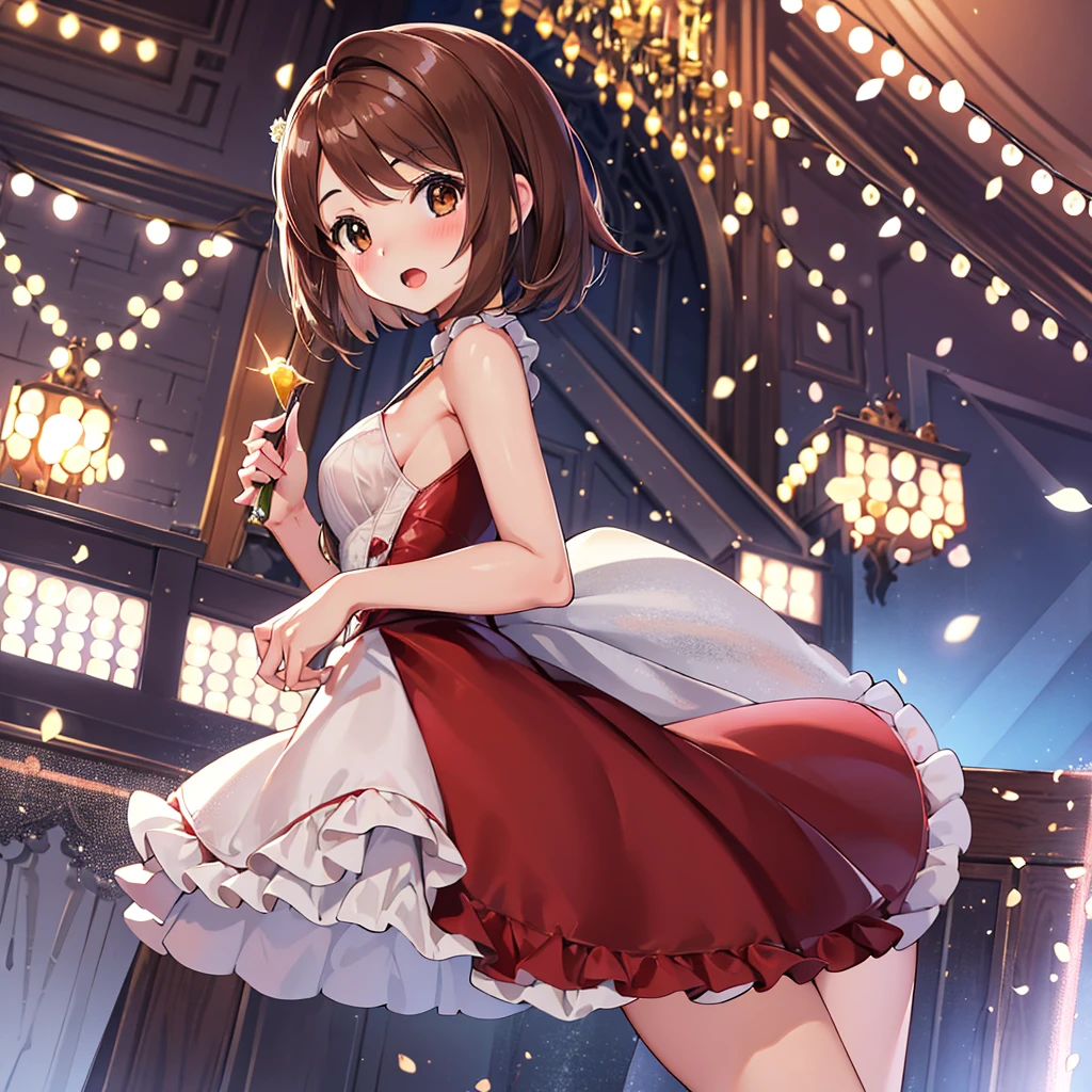 masterpiece, Highest quality, High resolution, Gloria1, 1 Girl, Gloria\(Pokémon\), Brown Hair, , Brown Eyes, , Short Hair, , Bobcut, bangs, , 　１Describe a girl carefully　１Girl　Expression in love　blush　Open Mouth　blush　church　Wedding dress（mini skirt）　breast enhancement