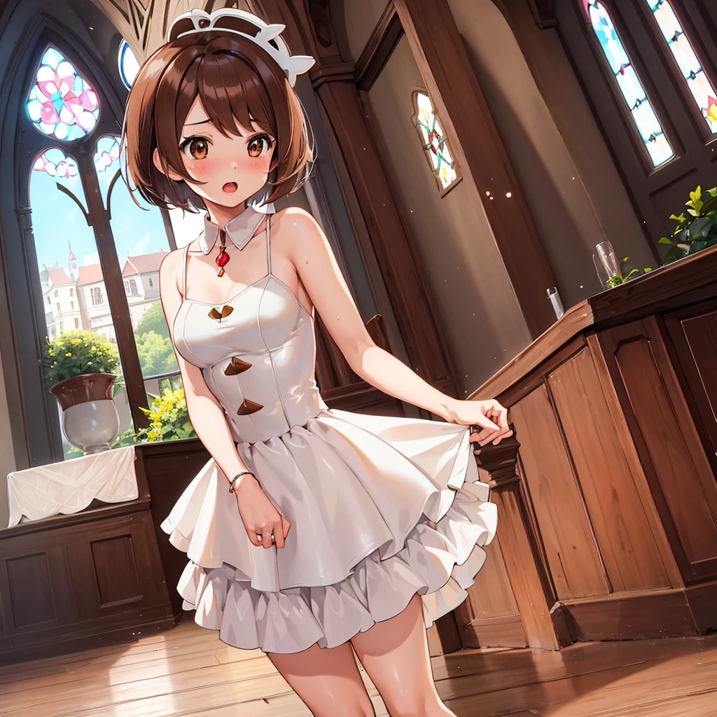 masterpiece, Highest quality, High resolution, Gloria1, 1 Girl, Gloria\(Pokémon\), Brown Hair, , Brown Eyes, , Short Hair, , Bobcut, bangs, , 　１Describe a girl carefully　１Girl　Expression in love　blush　Open Mouth　blush　church　Wedding dress（mini skirt）　breast enhancement