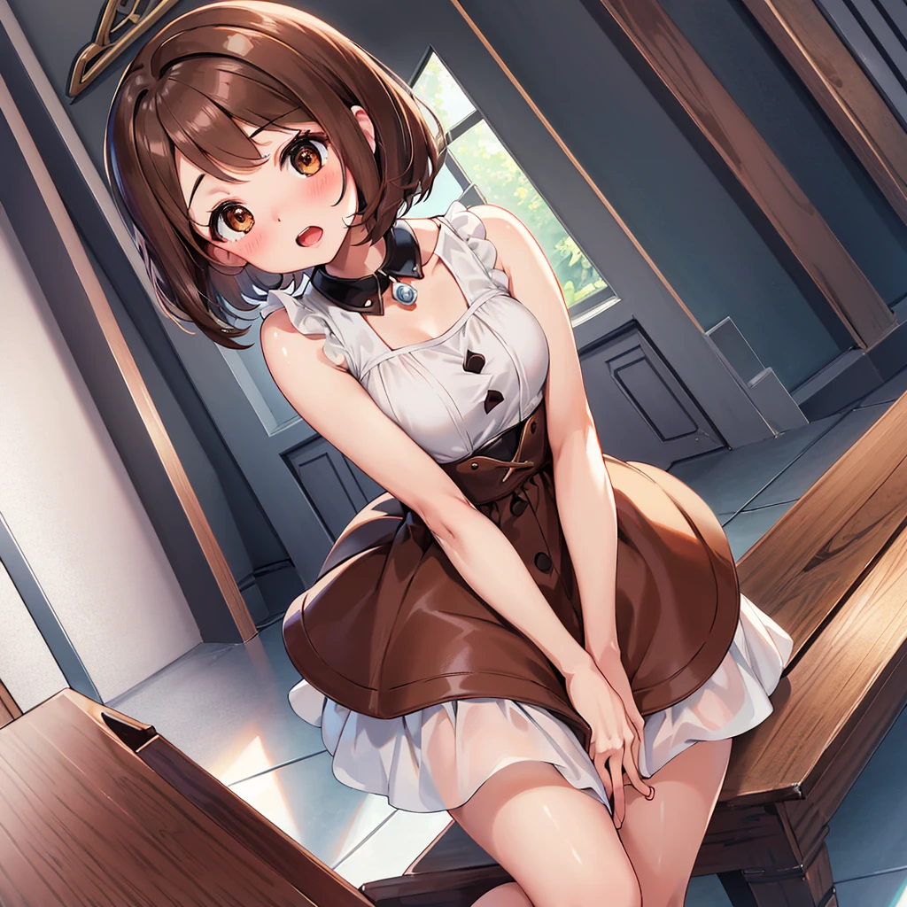 masterpiece, Highest quality, High resolution, Gloria1, 1 Girl, Gloria\(Pokémon\), Brown Hair, , Brown Eyes, , Short Hair, , Bobcut, bangs, , 　１Describe a girl carefully　１Girl　Expression in love　blush　Open Mouth　blush　church　Wedding dress（mini skirt）　breast enhancement