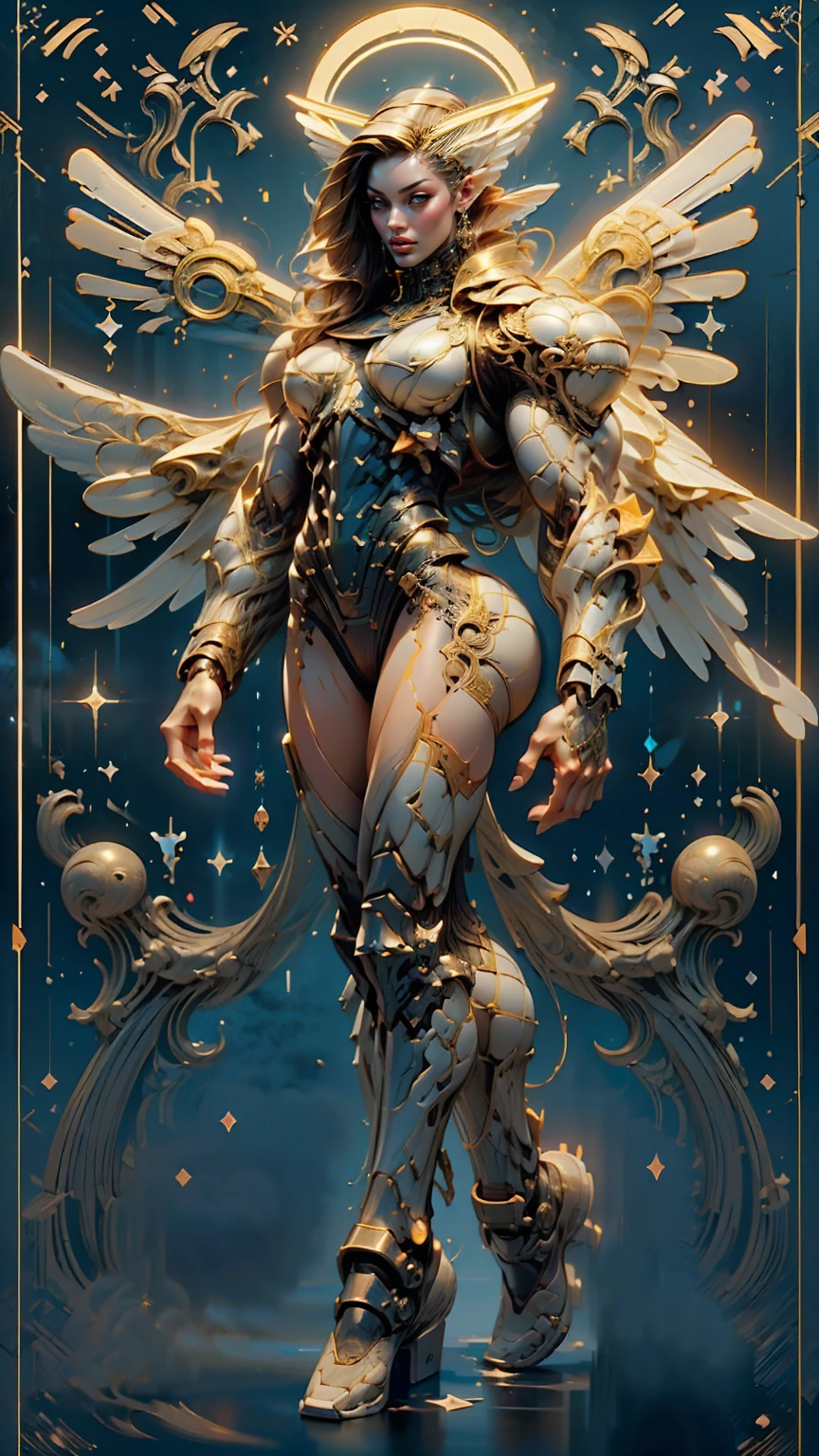 (cara delevingne), ((((((1 muscular angel girl)))))), (((huge upper body))), long hair, ((((huge angelic wings))), (((intricate ornate angelic full body armor))), ((((full body front view)))), (((perfect hands, perfect fingers))), (((tarot style background)))