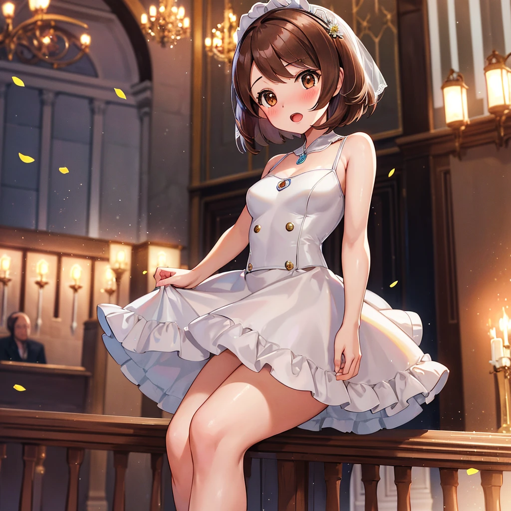 masterpiece, Highest quality, High resolution, Gloria1, 1 Girl, Gloria\(Pokémon\), Brown Hair, , Brown Eyes, , Short Hair, , Bobcut, bangs, , 　１Describe a girl carefully　１Girl　Expression in love　blush　Open Mouth　blush　church　Wedding dress（mini skirt）　breast enhancement