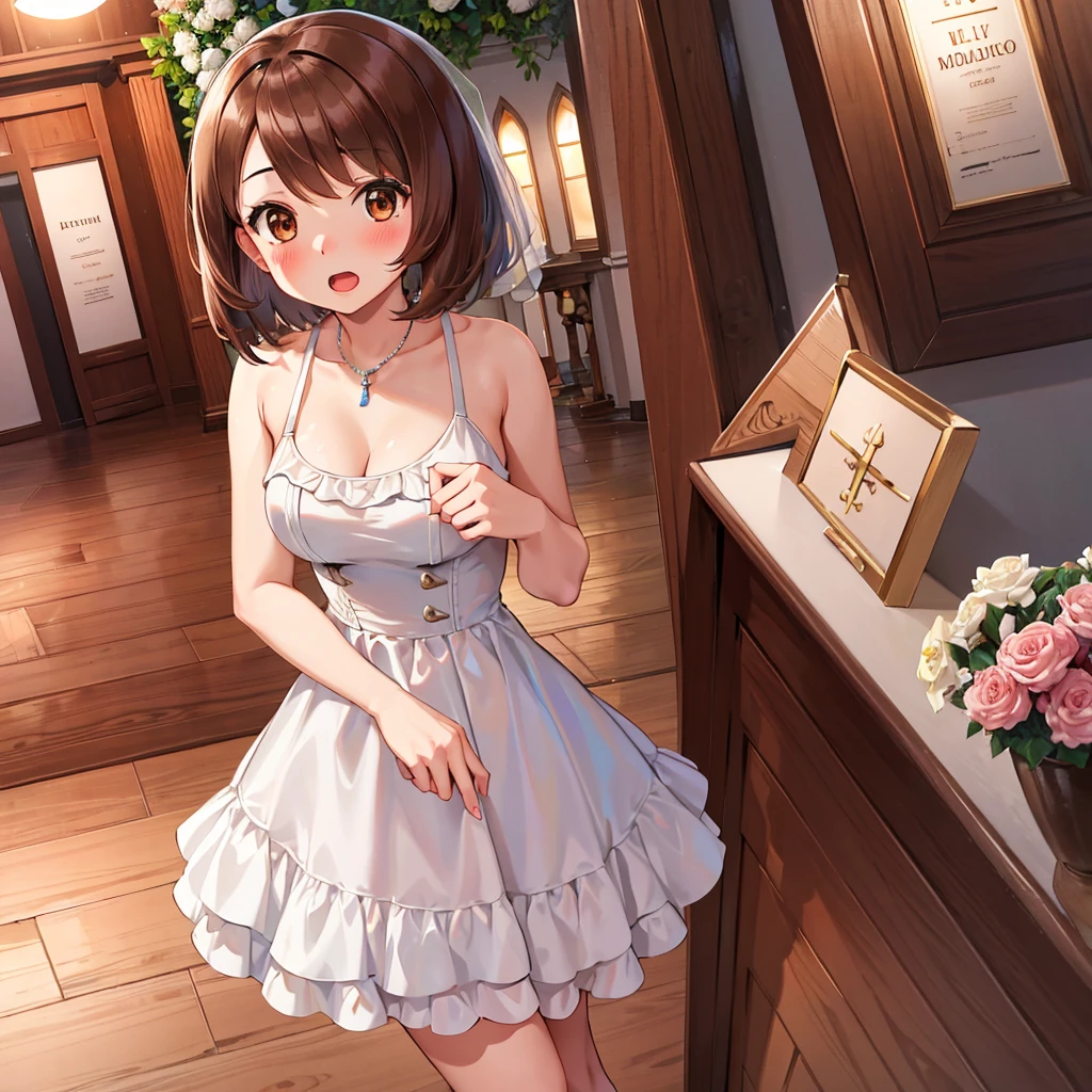 masterpiece, Highest quality, High resolution, Gloria1, 1 Girl, Gloria\(Pokémon\), Brown Hair, , Brown Eyes, , Short Hair, , Bobcut, bangs, , 　１Describe a girl carefully　１Girl　Expression in love　blush　Open Mouth　blush　church　Wedding dress（mini skirt）　breast enhancement