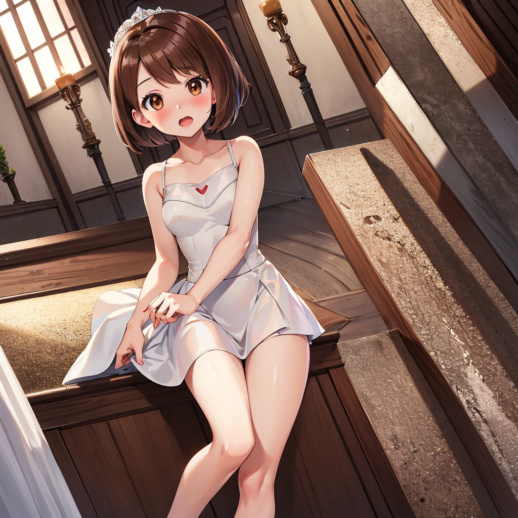 masterpiece, Highest quality, High resolution, Gloria1, 1 Girl, Gloria\(Pokémon\), Brown Hair, , Brown Eyes, , Short Hair, , Bobcut, bangs, , 　１Describe a girl carefully　１Girl　Expression in love　blush　Open Mouth　blush　church　Wedding dress（mini skirt）　breast enhancement