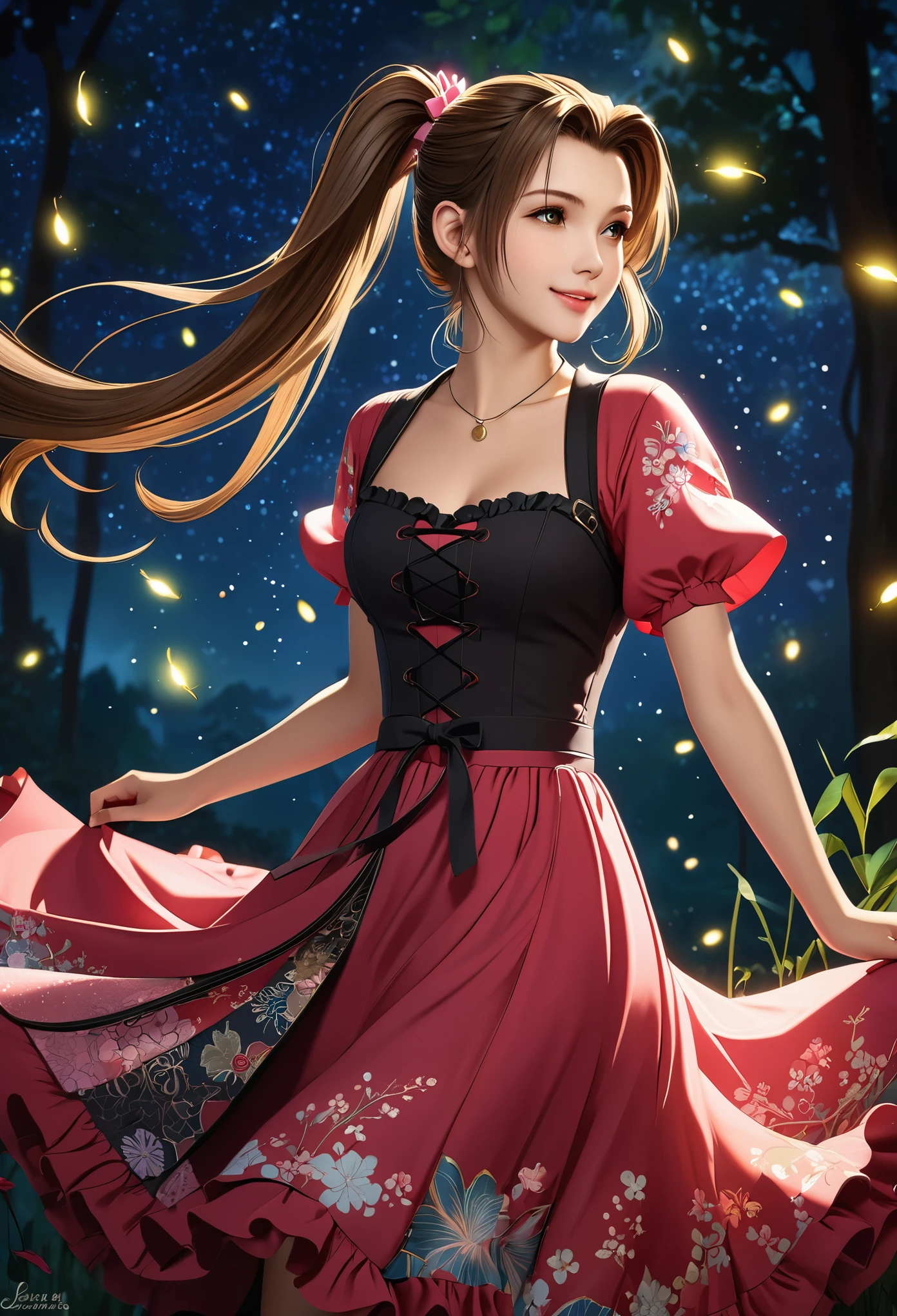 (((masterpiece))),((Highest quality)),Beautiful girl, Aerith, Sexy witch, bangs、(Long Hair, side pony tails:1.5)、(((big firm bouncing bust)))、23 years old、(Gorgeous frilled dress with intricate patterns:1.5)、Japanese girl、 Beautiful digital artwork, Beautiful fantasy art, dynamic sely poses, A kind smile, Mysterious Background, Aura, A gentle gaze, BREAK, Small faint lights and flying fireflies, night, lanthanum,