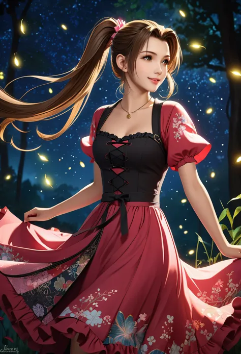 (((masterpiece))),((Highest quality)),Beautiful girl, Aerith, Sexy witch, bangs、(Long Hair, side pony tails:1.5)、(((big firm bou...