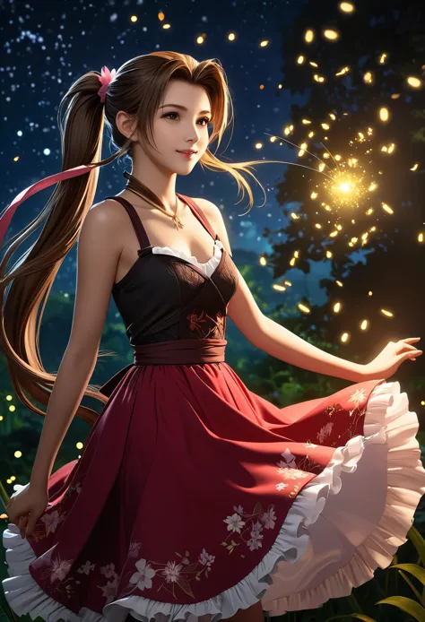 (((masterpiece))),((Highest quality)),Beautiful girl, Aerith, Sexy witch, bangs、(Long Hair, side pony tails:1.5)、(((big firm bou...